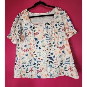 SHEIN Curve Womens XL Floral Watercolor Square Neck Short Puff Sleeve Top